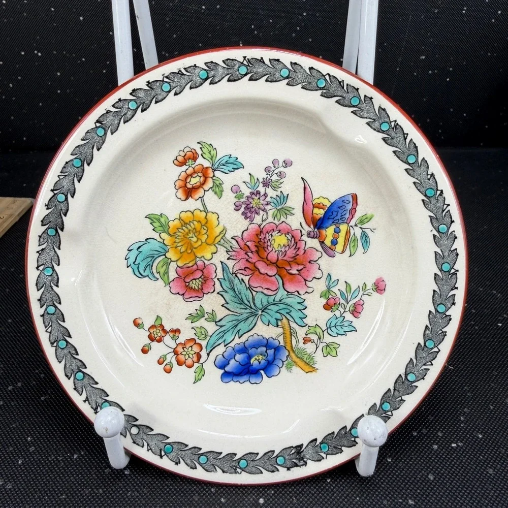 Copeland Late Spode Ashtray Floral Butterfly England Vintage 5 Inch Cream Red